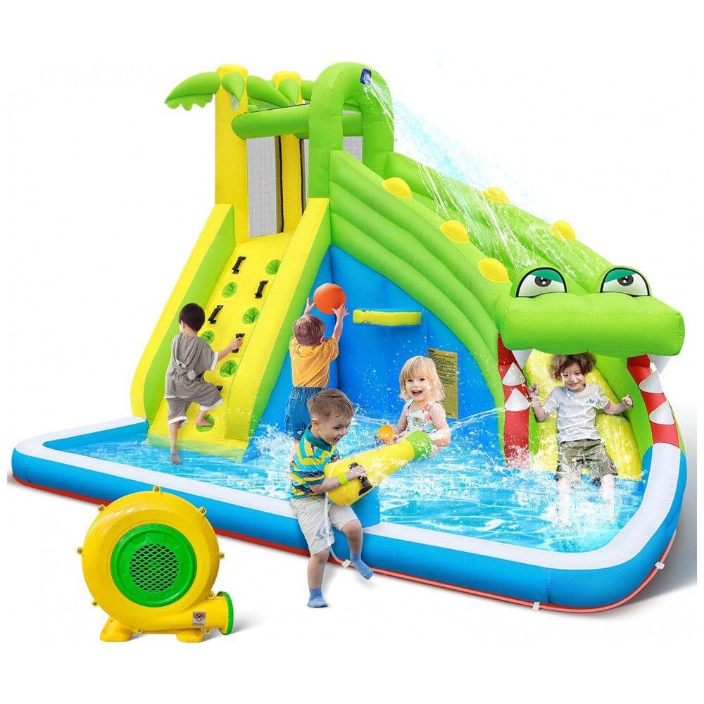 Parque Aquático Inflável 5 em 1 com Toboágua, Pula-Pula de Crocodilo, Escalada, Piscina, Canhão d`Água, Basquete e Compressor de Ar,TOAOB