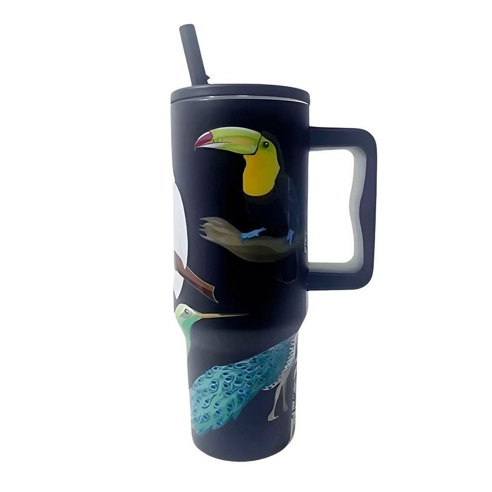 Copo Térmico Alça Canudo Aves Tropicais Aço Inox 1200ml - Estampa Vibrante, Alta Capacidade E Conservação Modelo:c1