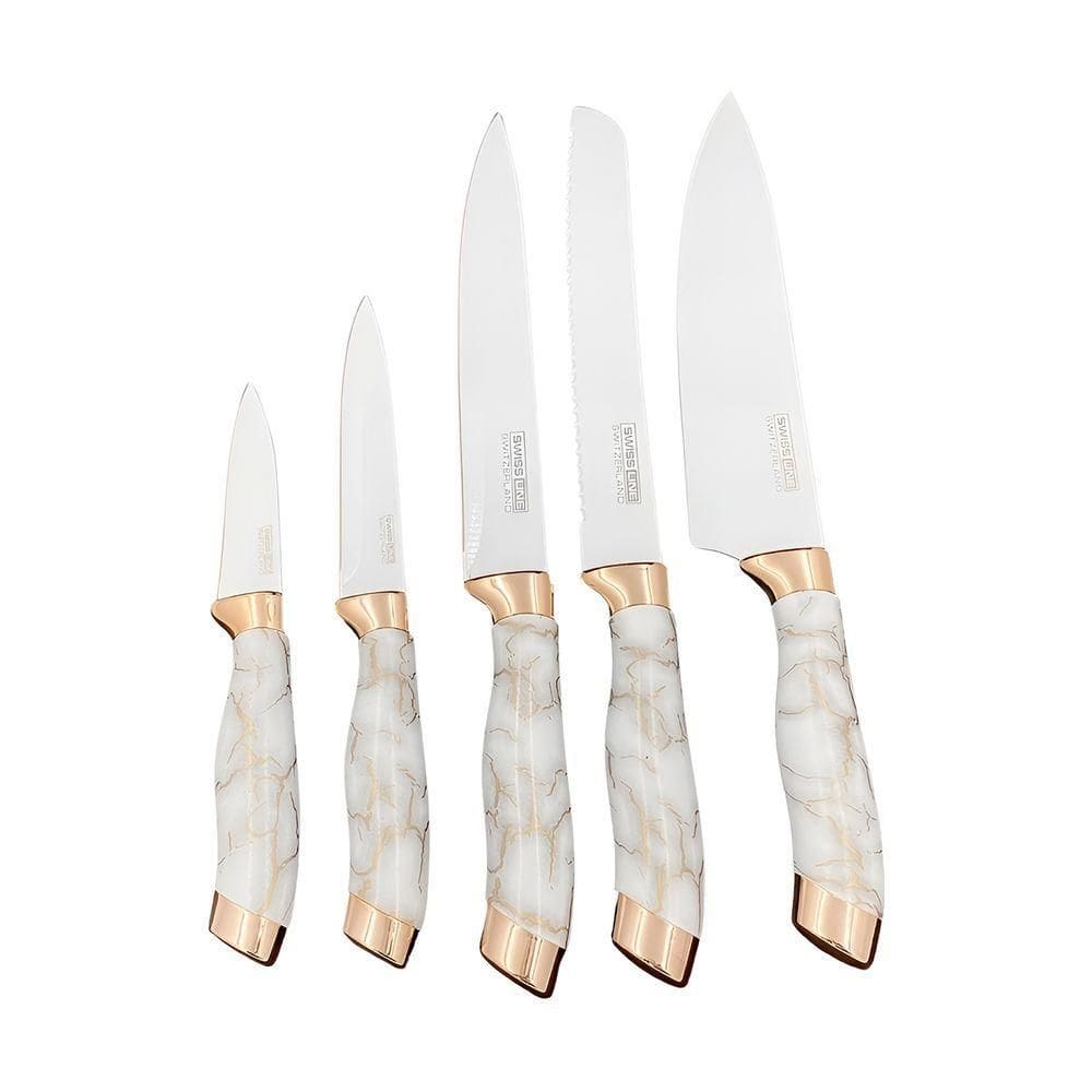 Conjunto 5 Facas Estilo Mármore Suporte Cozinha Utensílios Legância E Precisão - branco