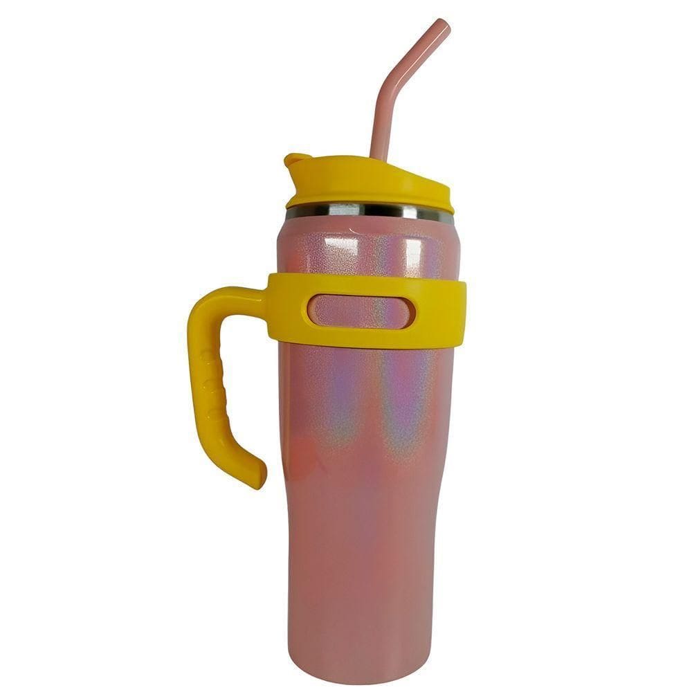 Copo Térmico Inox Com Alça Canudo Esmaltado Glitter 1200ml – Portátil, Prático Bege Com Amarelo