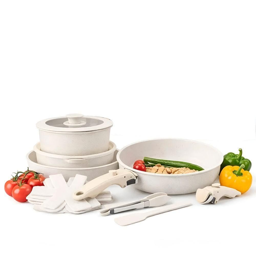 Jogo De Panelas 18 Peças Antiaderente Branco Com Cabos Removíveis – Completo Para Fogão, Indução E Vitrocerâmico