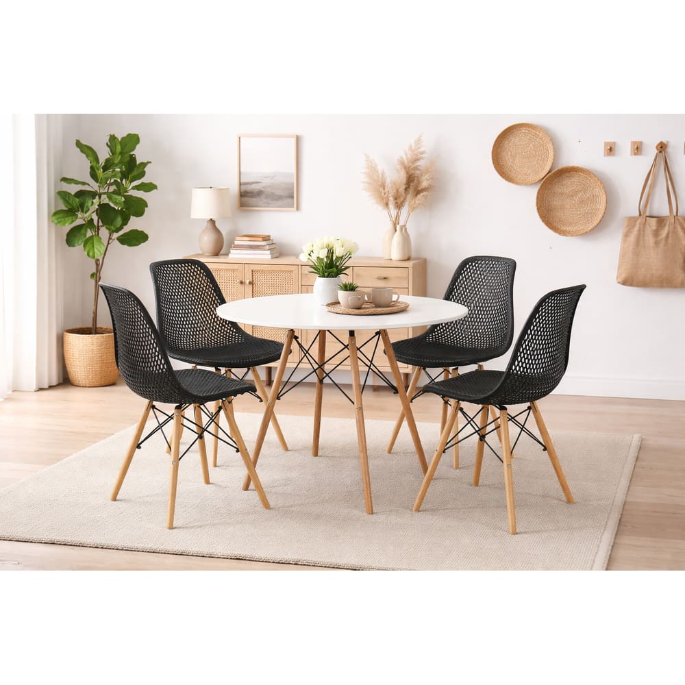 Conjunto de Jantar Mesa Eiffel 100cm Branco  + 4 Cadeiras Colméia Eiffel DKR Pretas