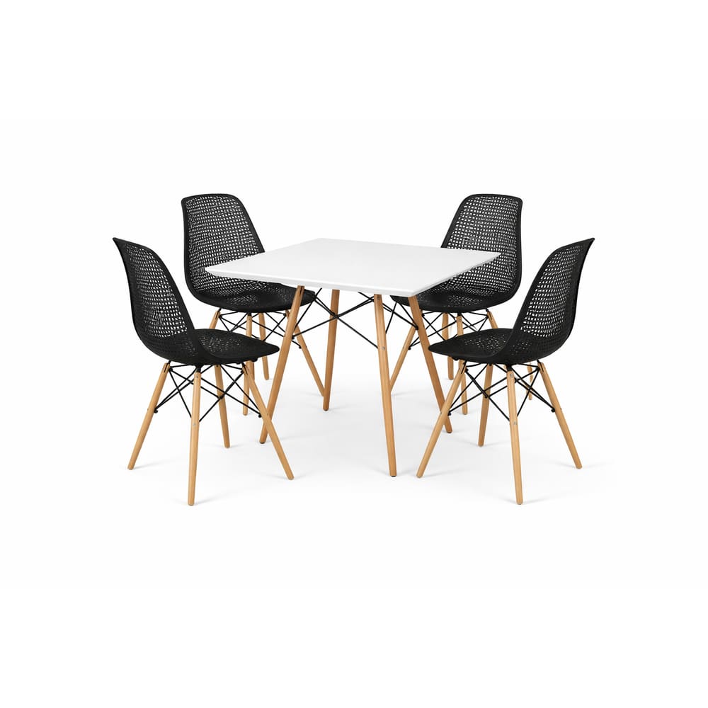 Conjunto de Jantar Moderno Mesa Quadrada 80cm Branca  + 4 Cadeiras Eames Colméia, Preto