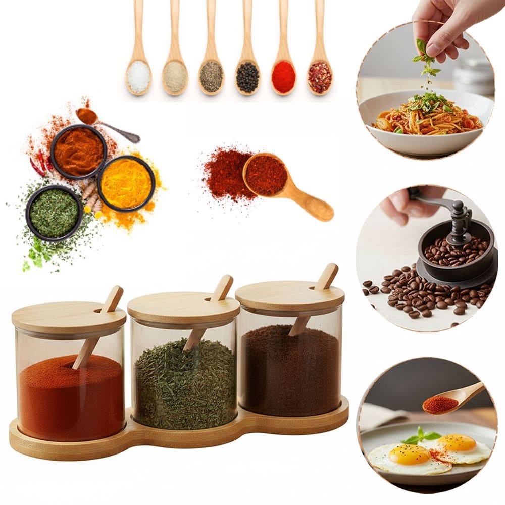 Kit Porta Tempero 3 Potes Vidro Bambu Colher Suporte 300ml