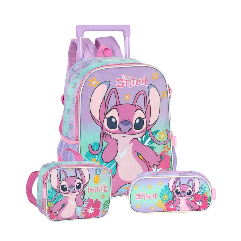 Mochila Rodas Angel&Stitch Glitter Lancheira Térmica Estojo
