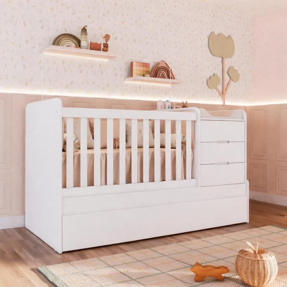 Berço Multifuncional Americano Bicama Gaveteiro Cléo 100% MDF Branco Carolina Baby