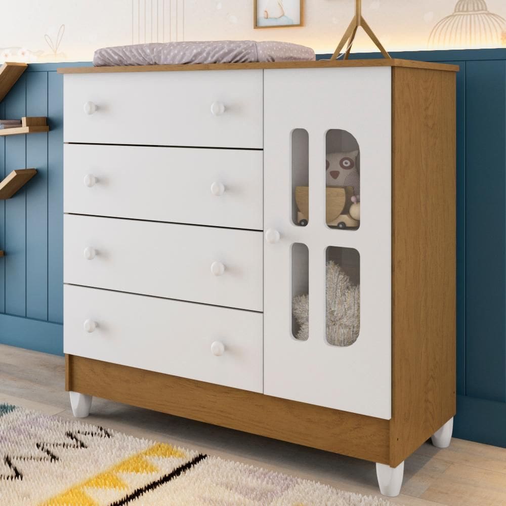 Cômoda Infantil 4 Gavetas com Porta Fraldário Gabrielle 100% MDF Branco Bétula Carolina Baby