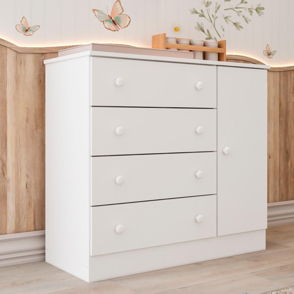 Cômoda Infantil 4 Gavetas com Porta Fraldário Lia 100% MDF Branca