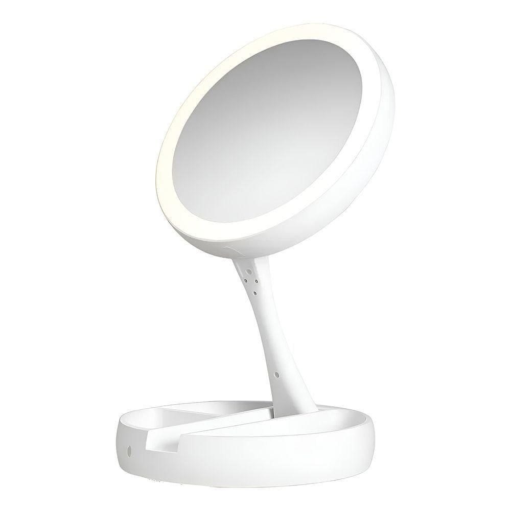 Espelho De Maquiagem Com Led 10x Dobrável – Luz Natural, Usb E Compartimentos Organizadores