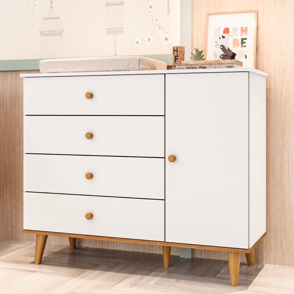 Cômoda Infantil Retrô 4 Gavetas com Porta Fraldário Pés Palito Lígia MDF Branca Carolina Baby