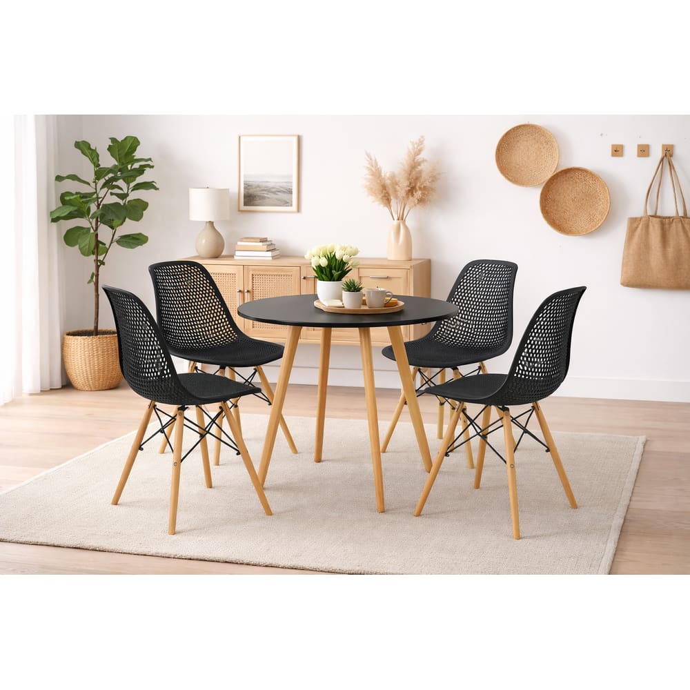 Conjunto Mesa de Jantar Moderna Leda 90 cm + 4 cadeiras Colmeia Furadinha, Preta