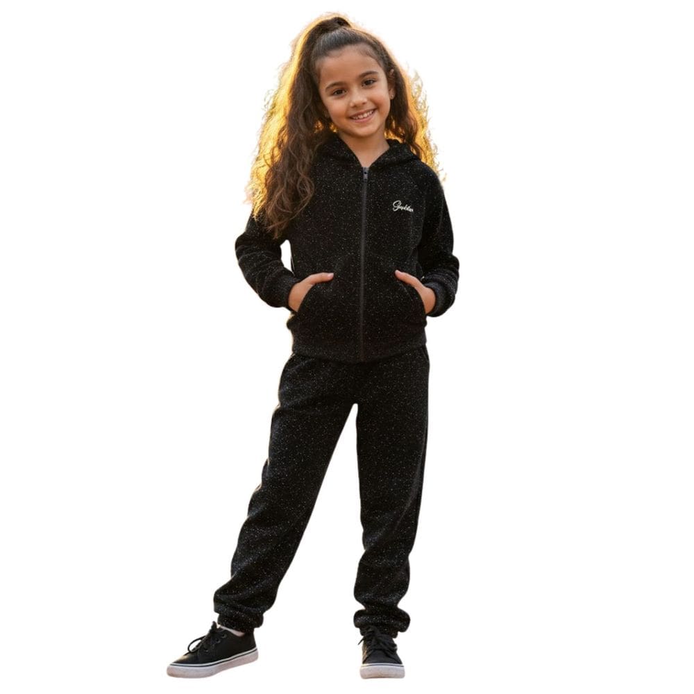 Conjunto Meninas Inverno Pelinho Com Capuz e Zíper Preto