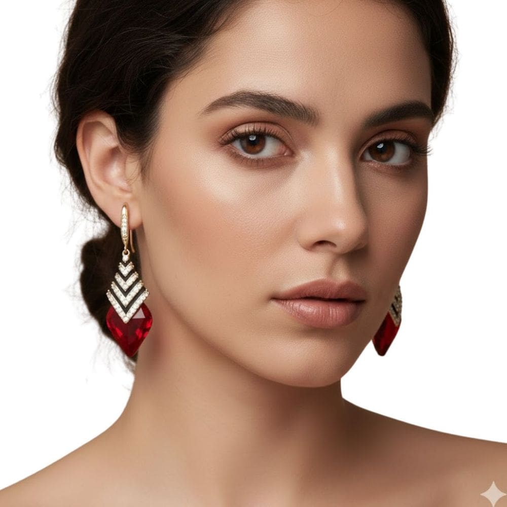 Brinco Gota Geométrica Vermelho Safira Zircônias Feminino