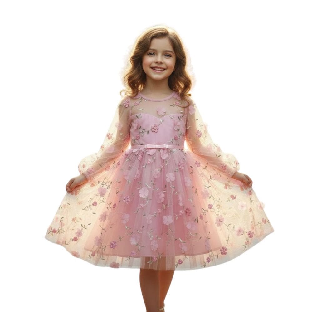 Vestido Infantil Floral em Tule Manga Longa Festa Luxo
