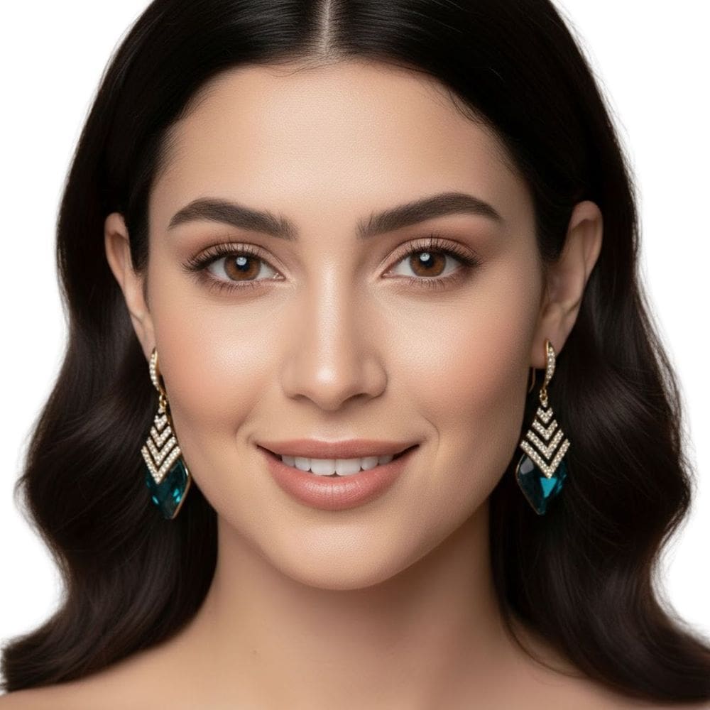 Brinco Gota Geométrica Verde Safira Zircônias Feminino Luxo