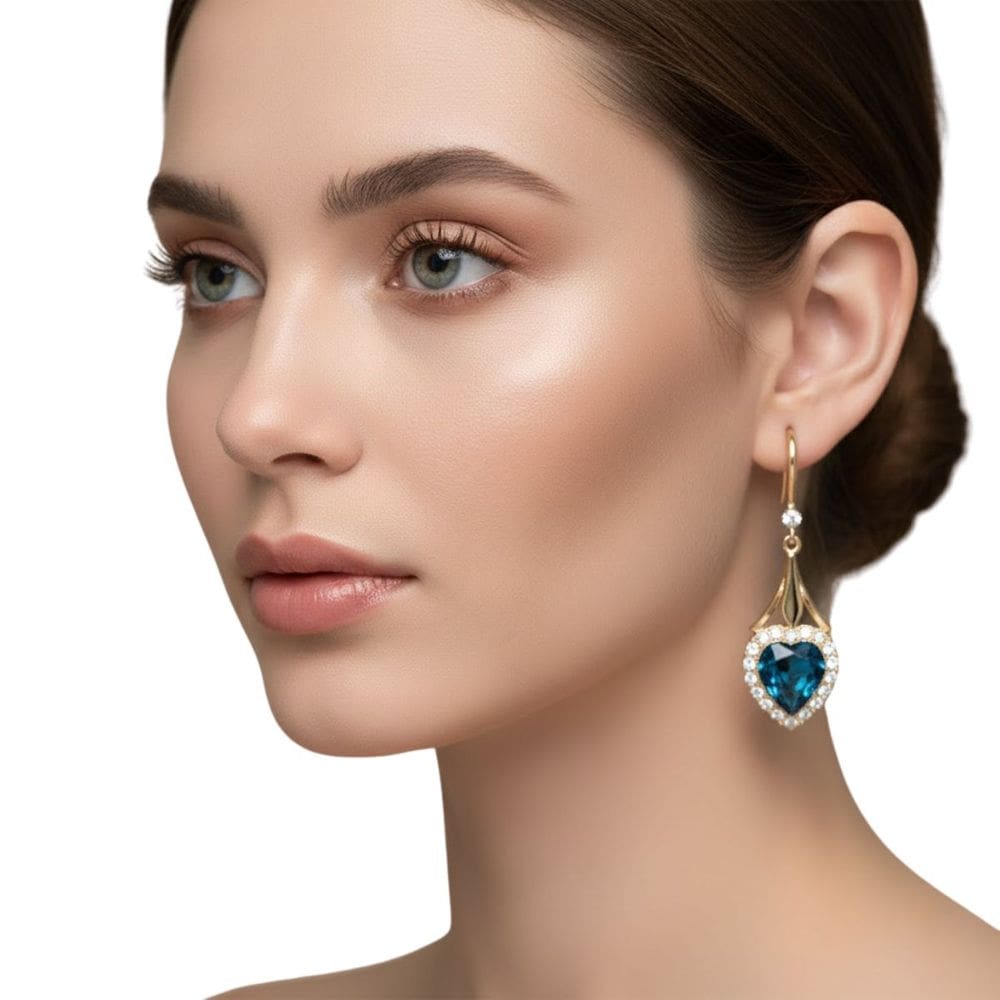 Brinco Feminino Coração Azul Oceano e Microzircônias Luxo