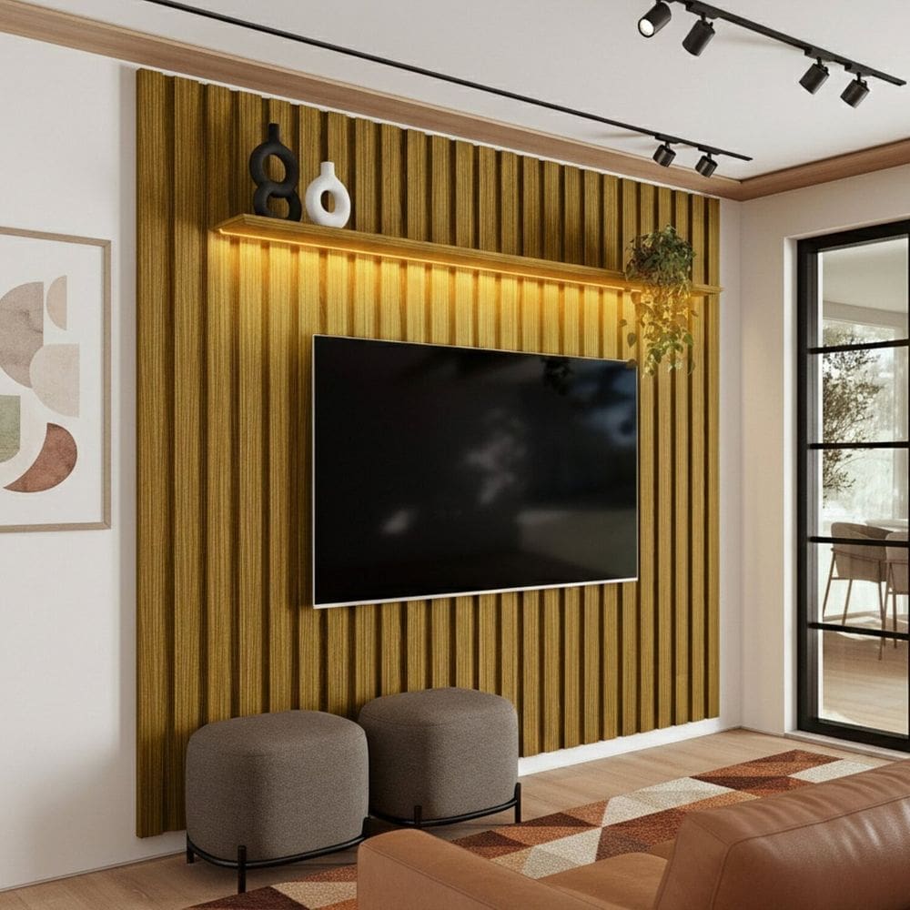 Painel Ripado com Led para Tv até 70 Polegadas em Mdf e Mdp Olivar Móveis London Cedro