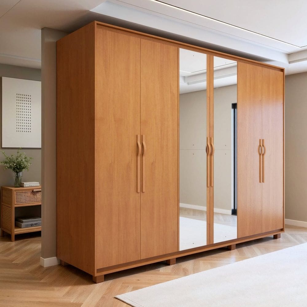 Guarda-roupa Casal 6 Portas 6 Gavetas com Espelho e Pés Mdf Suavitá Amêndoa Clean