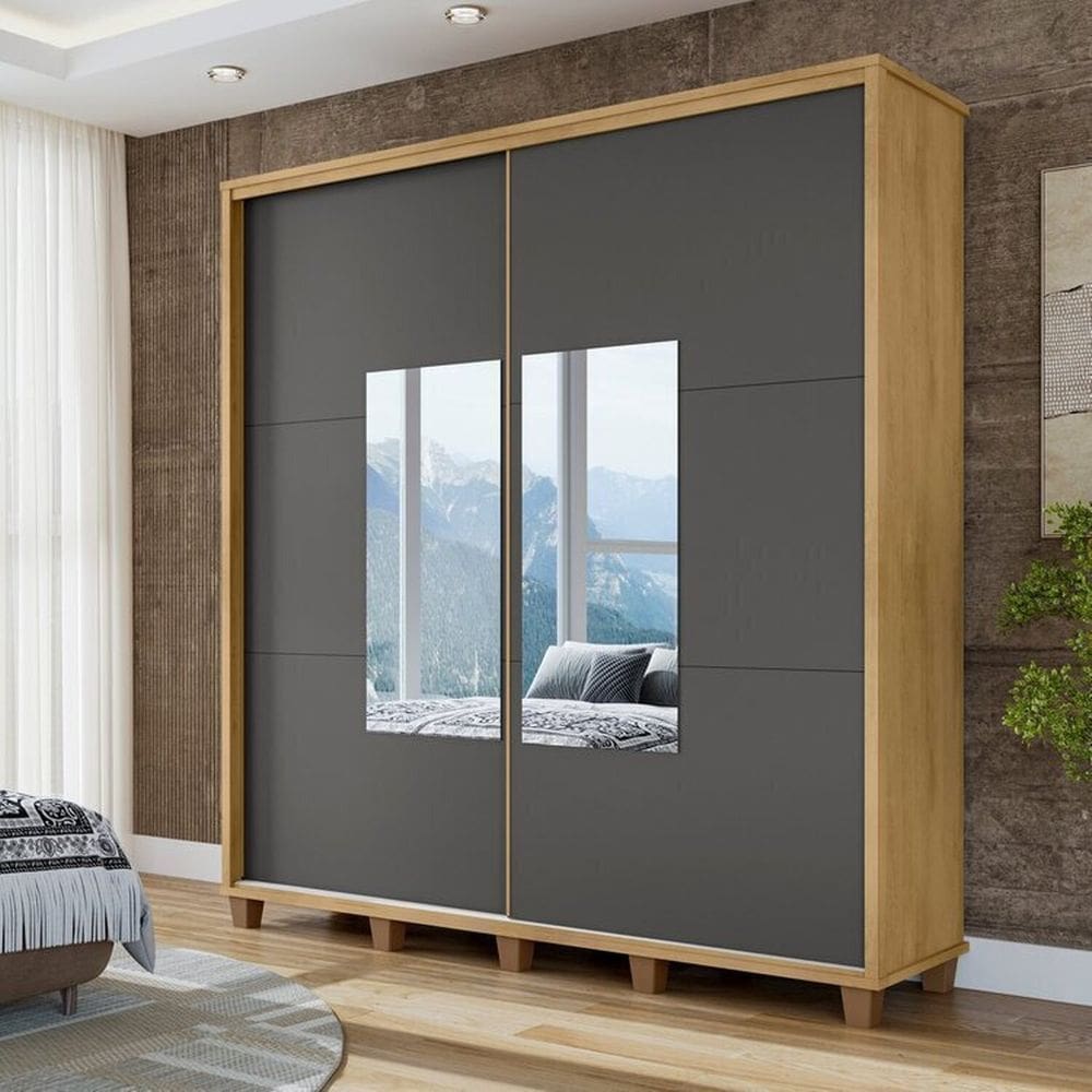 Guarda-roupa Casal Monte Carlo com 2 Portas de Correr com Espelho e 4 Gavetas Internas e Maleiros Cinamomo/ Grafite