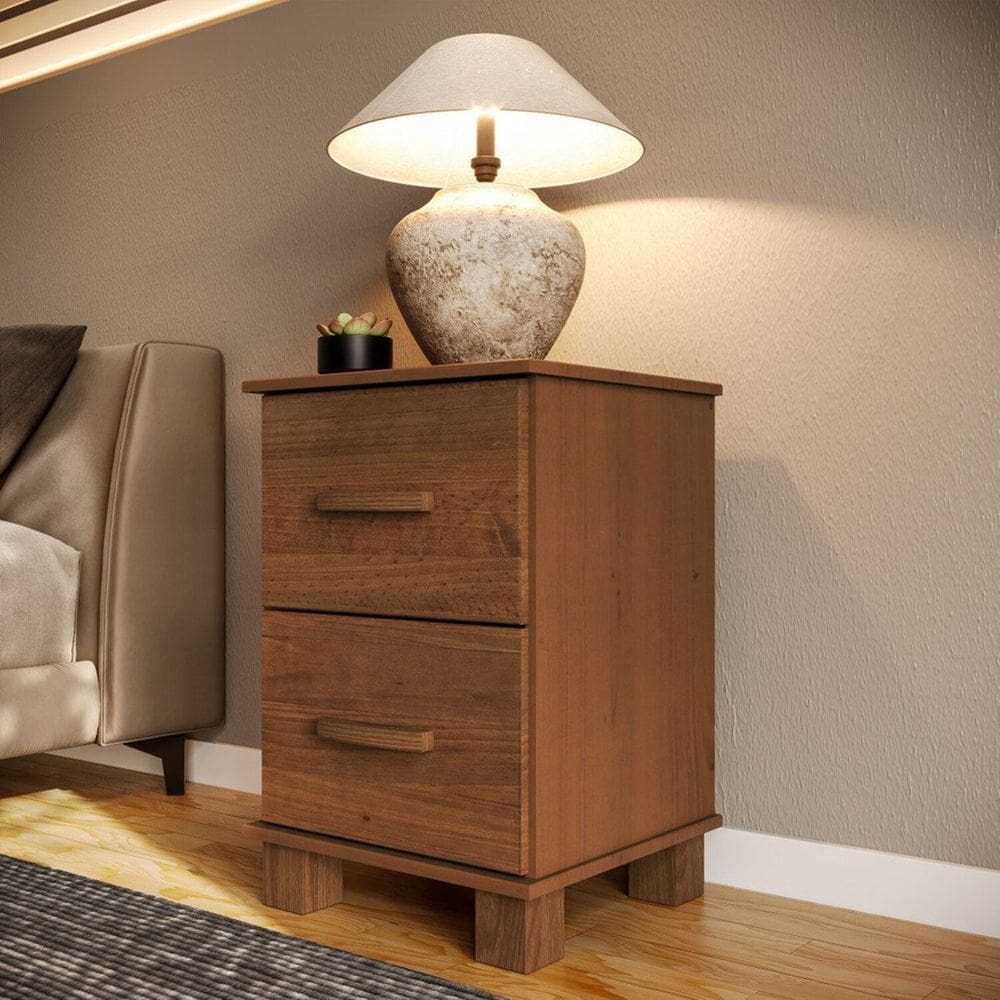 Mesa de Cabeceira 2 Gavetas 100% Madeira Maciça Bronze Castanho