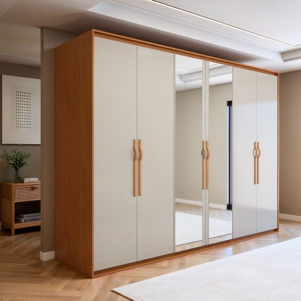 Guarda-roupa Casal 6 Portas 6 Gavetas com Espelho Mdf Suavitá Amêndoa Clean/Off White