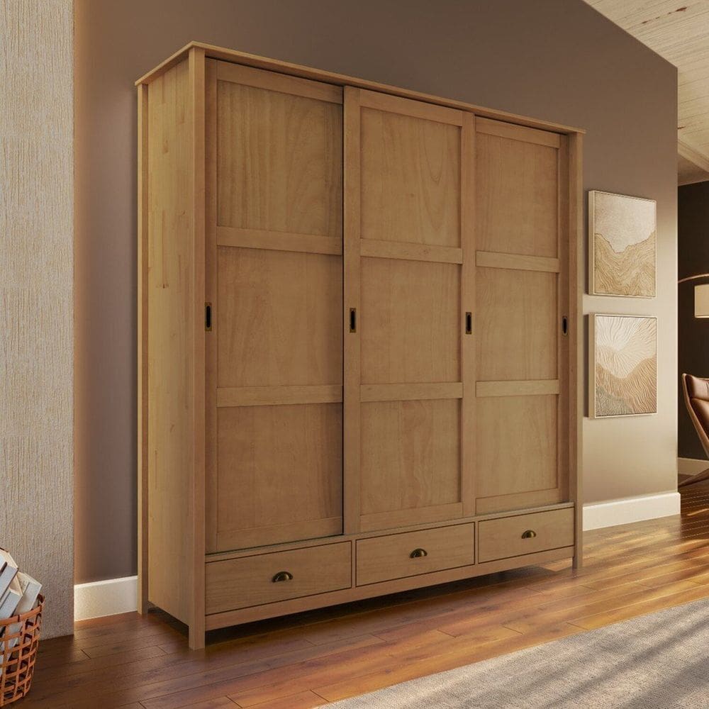 Guarda-roupa 3 Portas de Correr 100% Madeira Maciça Topázio Freijó