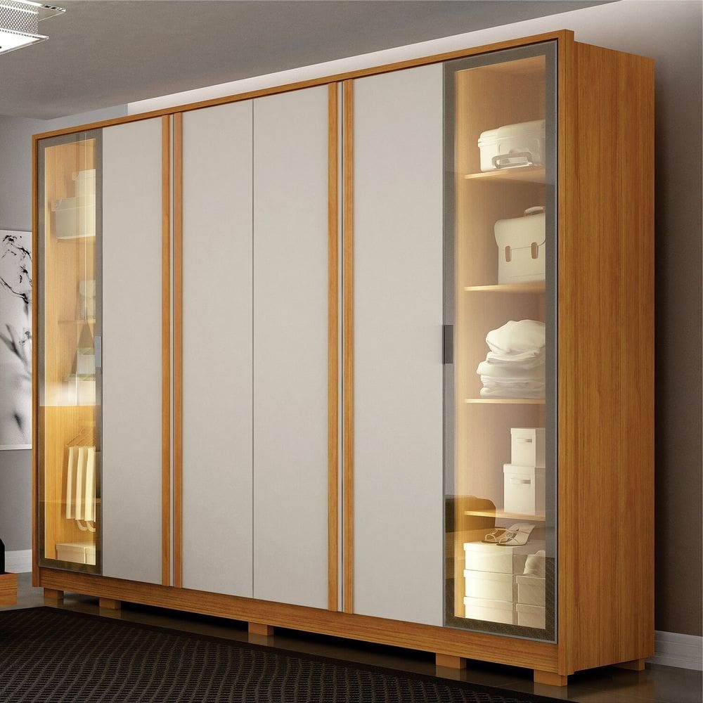Guarda-roupa Casal 06 Portas 06 Gavetas Portas Reflecta e Led 100% Mdf Prime Cinamomo/Off White