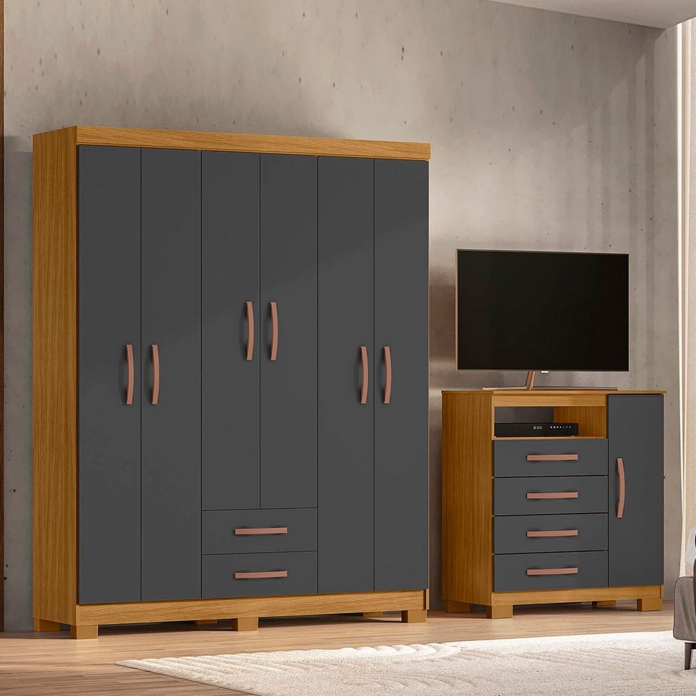 Guarda-Roupa 6 Portas 2 Gavetas e Cômoda Sapateira Itapema Carvalho Americano/Grafite