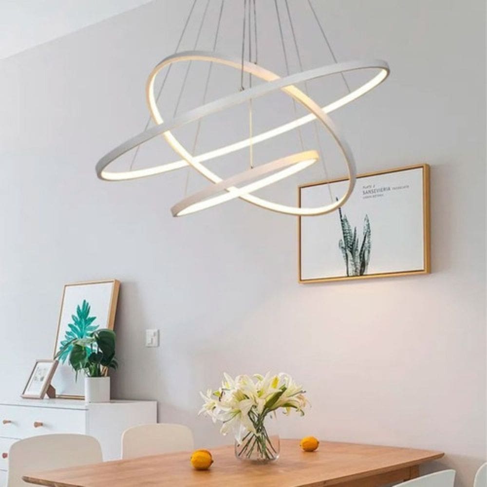 Lustre Pendente Luminária 3 Aros Anéis Led Integrado Prata Prateado