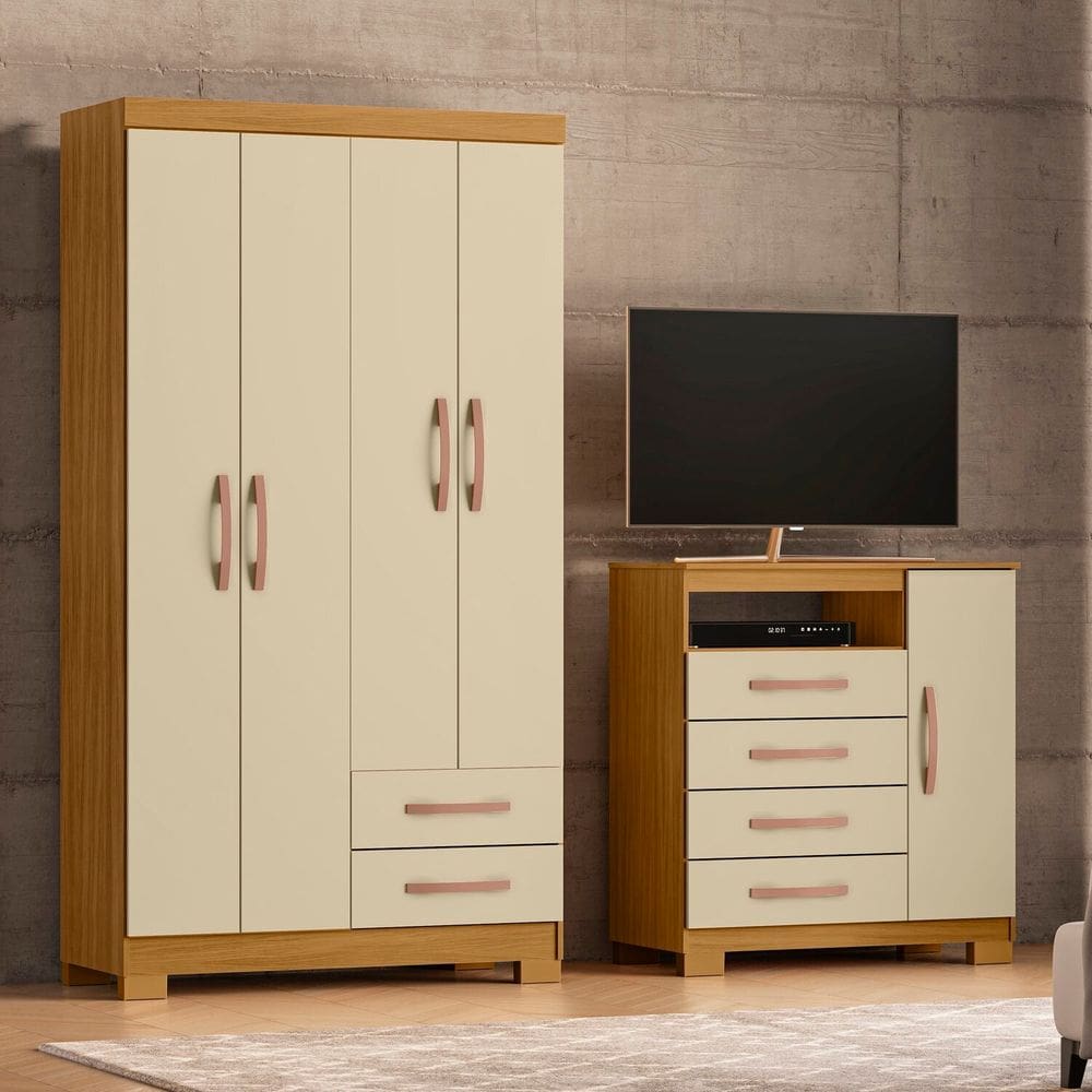 Guarda-Roupa Solteiro 4 Portas 2 Gavetas e Cômoda Sapateira Itapema Carvalho Americano/Off White