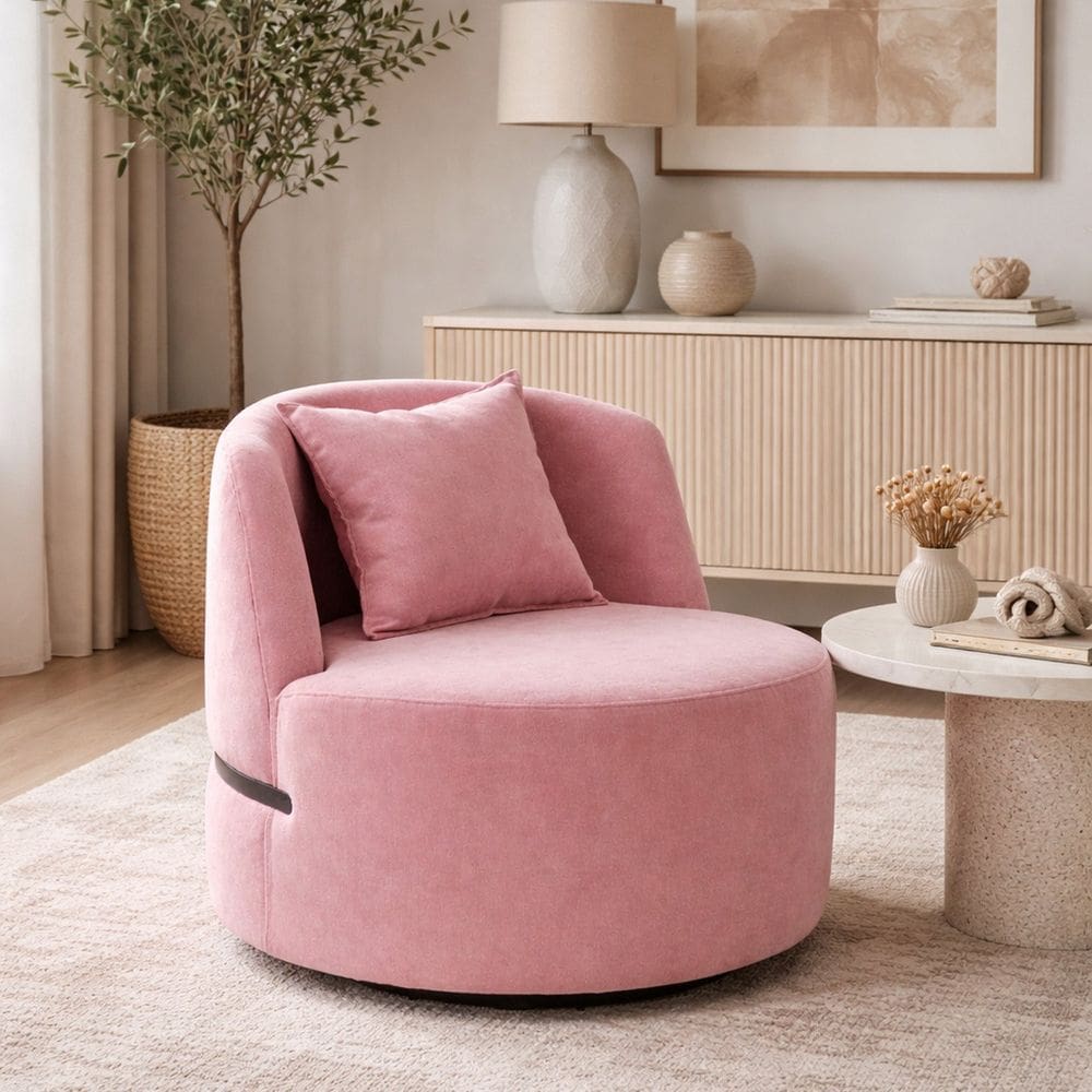 Poltrona Giratória para Sala de Estar em Veludo com Molas Ensacadas Laila Rosa/Preto