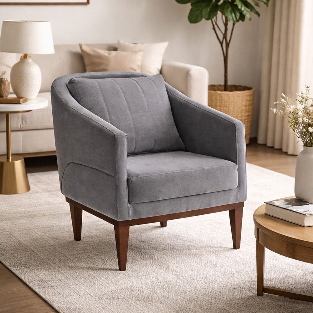 Poltrona Fixa Tecido Veludo Pés Imbuia Agatha Cinza