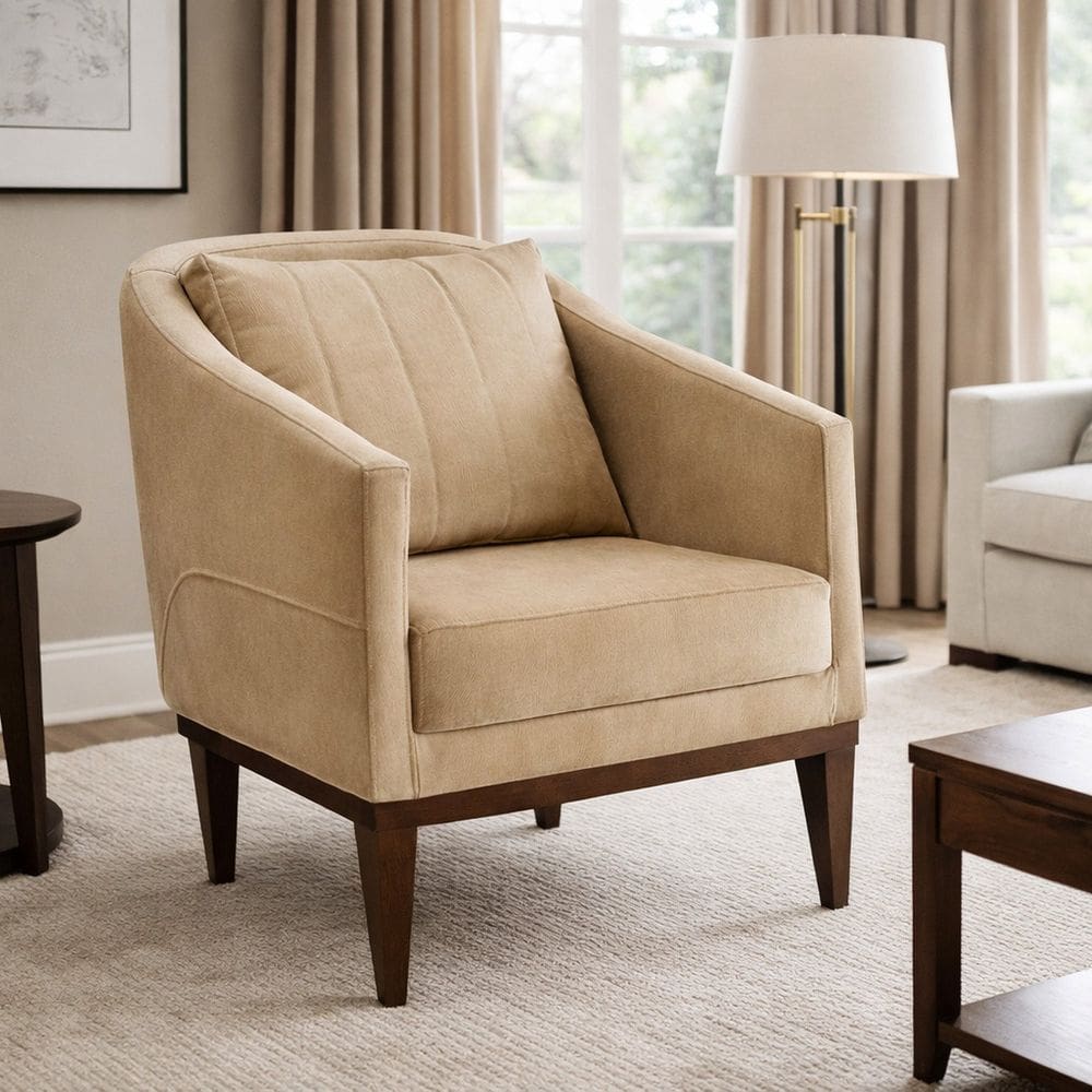 Poltrona Fixa Tecido Veludo Pés Imbuia Agatha Bege