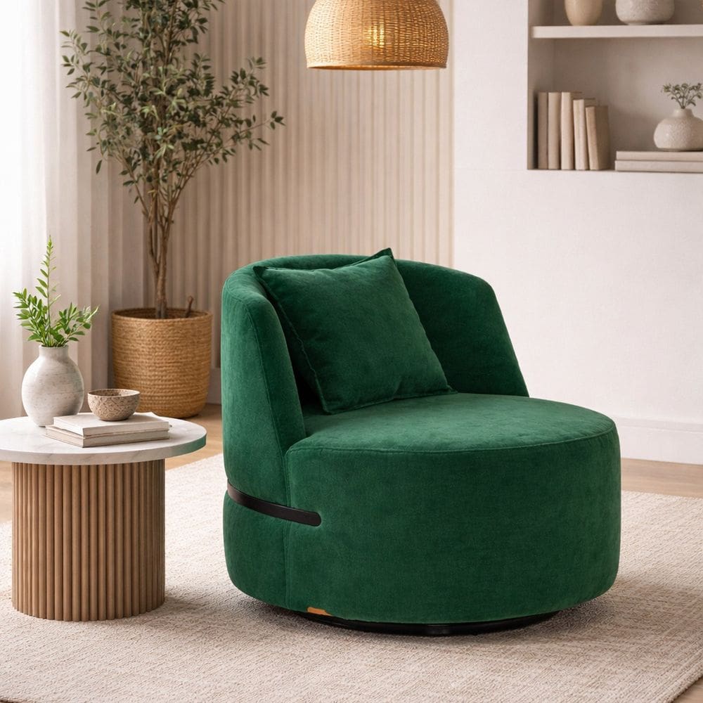 Poltrona Giratória Laila em Veludo com Molas Ensacadas e Detalhe em Aço Veludo Verde