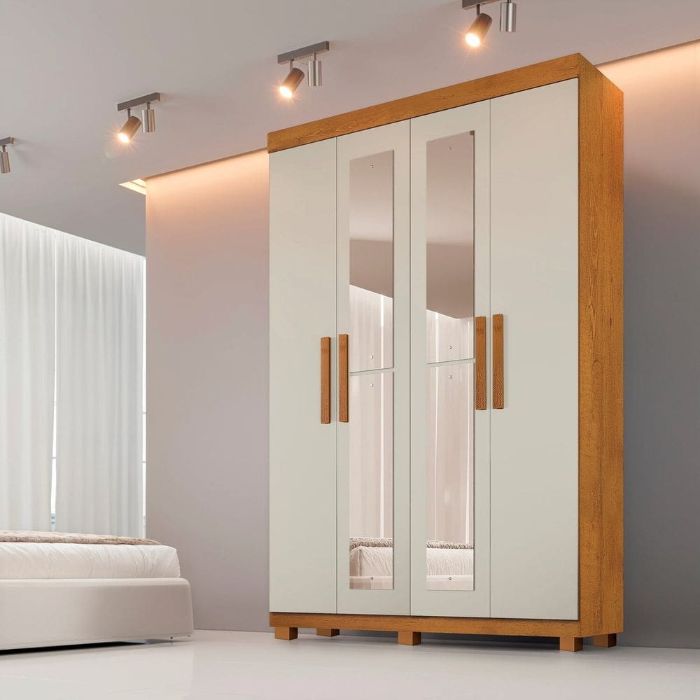 Guarda-roupa 4 Portas 3 Gavetas com Espelho Mdf Parma Cinamomo/Off White