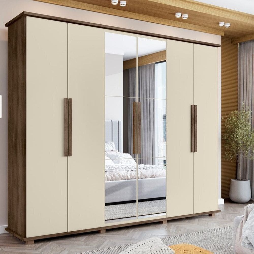 Guarda-roupa Casal com 6 Portas com Espelho e 4 Gavetas Internas com Maleiro Canadá Freijo/ Off White