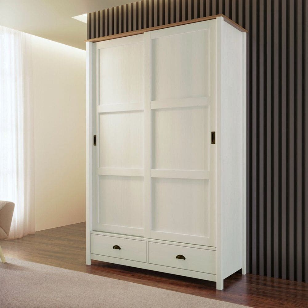 Guarda-roupa 2 Portas de Correr 100% Madeira Maciça Topázio Branco/Freijó