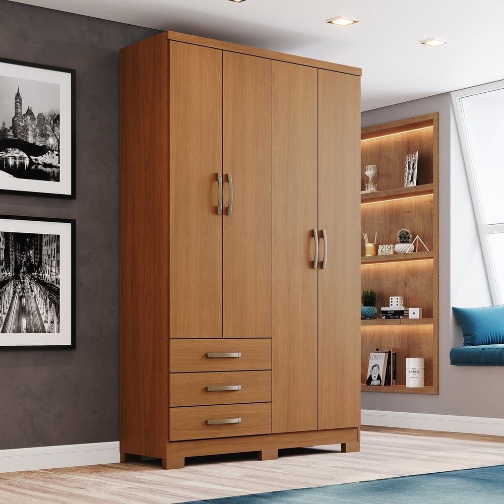 Guarda-roupa Solteiro 4 Portas e 3 Gavetas Externas em Mdp Caju Cinamomo