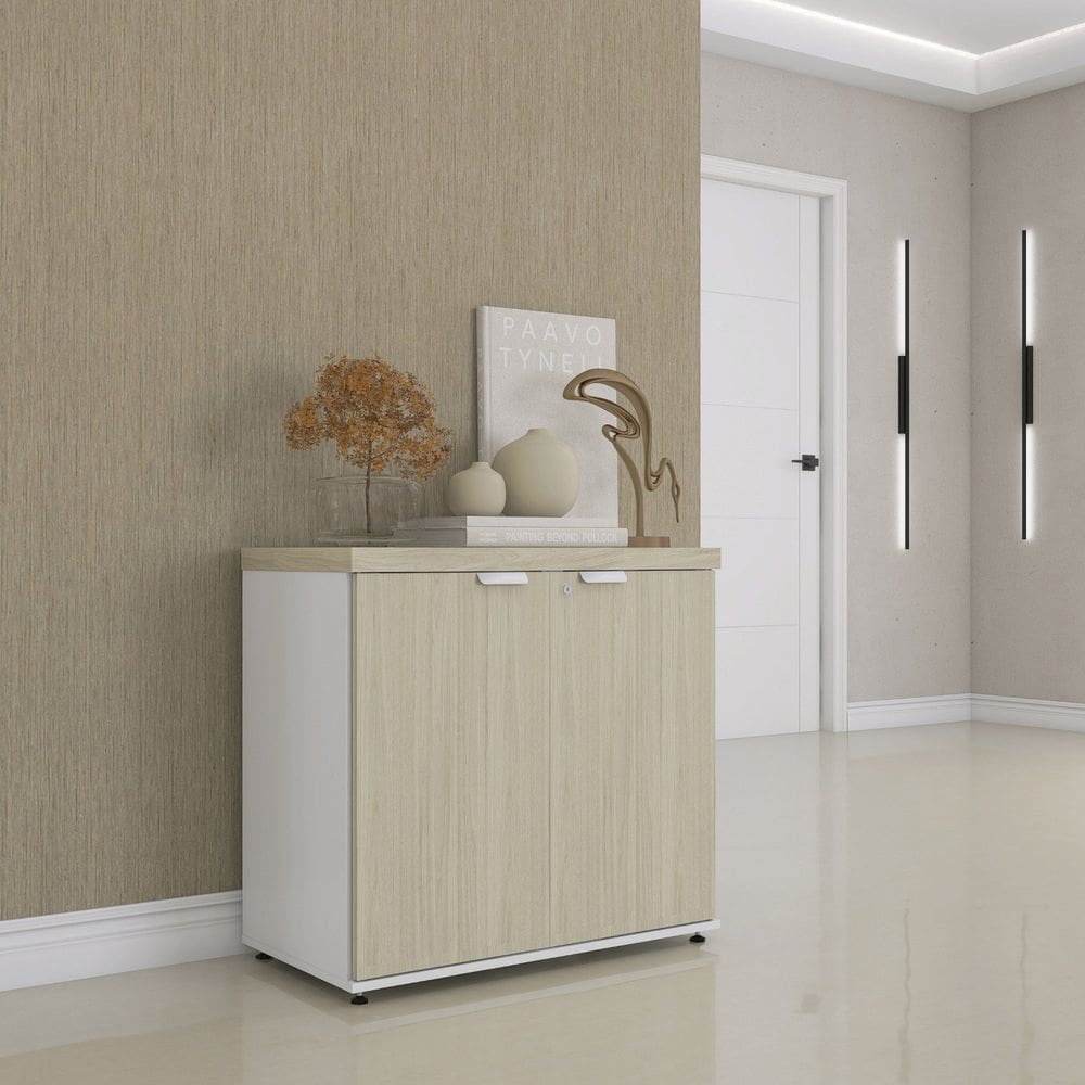 Armário Baixo para Escritório Pe40 com 2 Portas Pivotantes Branco/Castanheira Natural