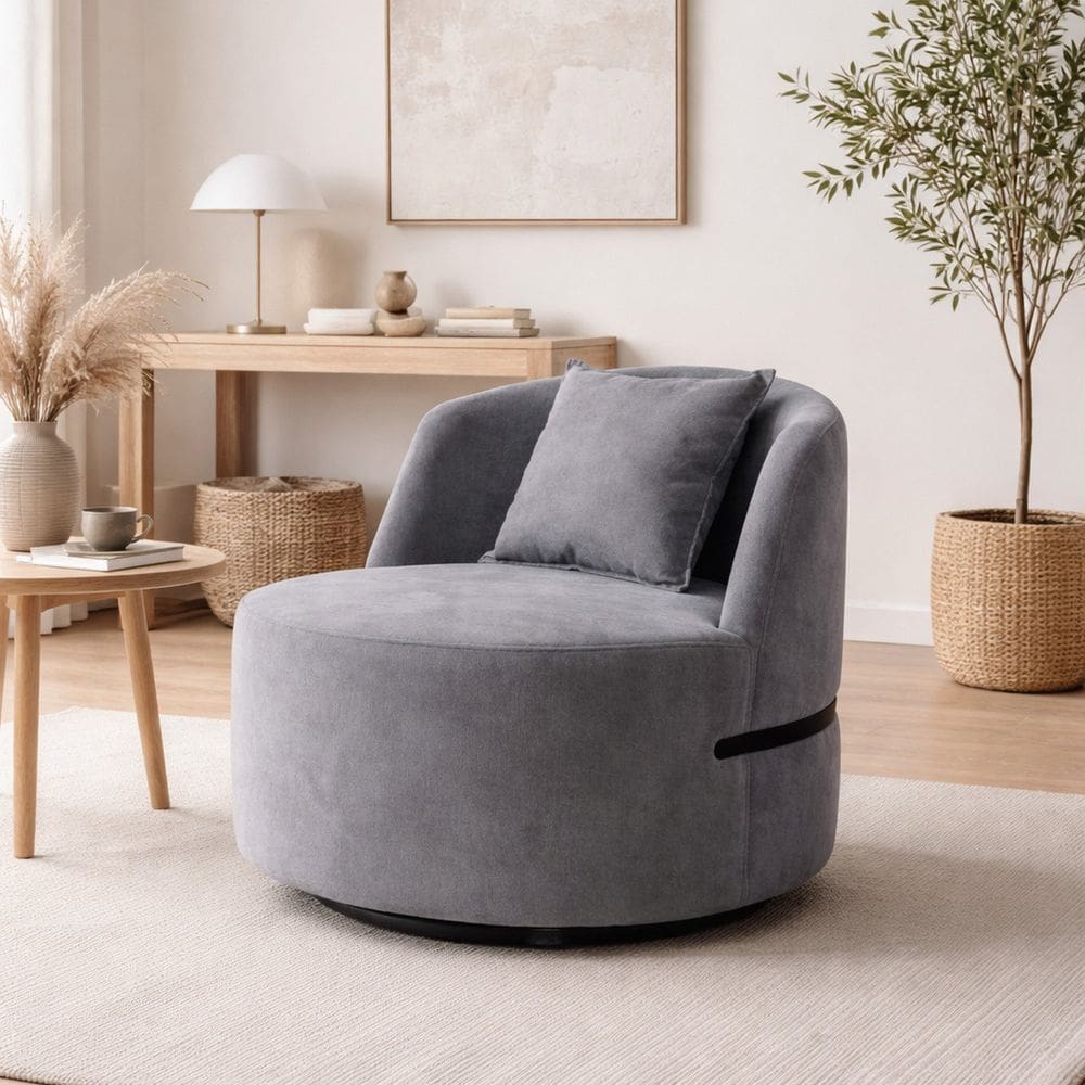 Poltrona Giratória em Veludo com Molas Ensacadas Laila Cinza/Preto