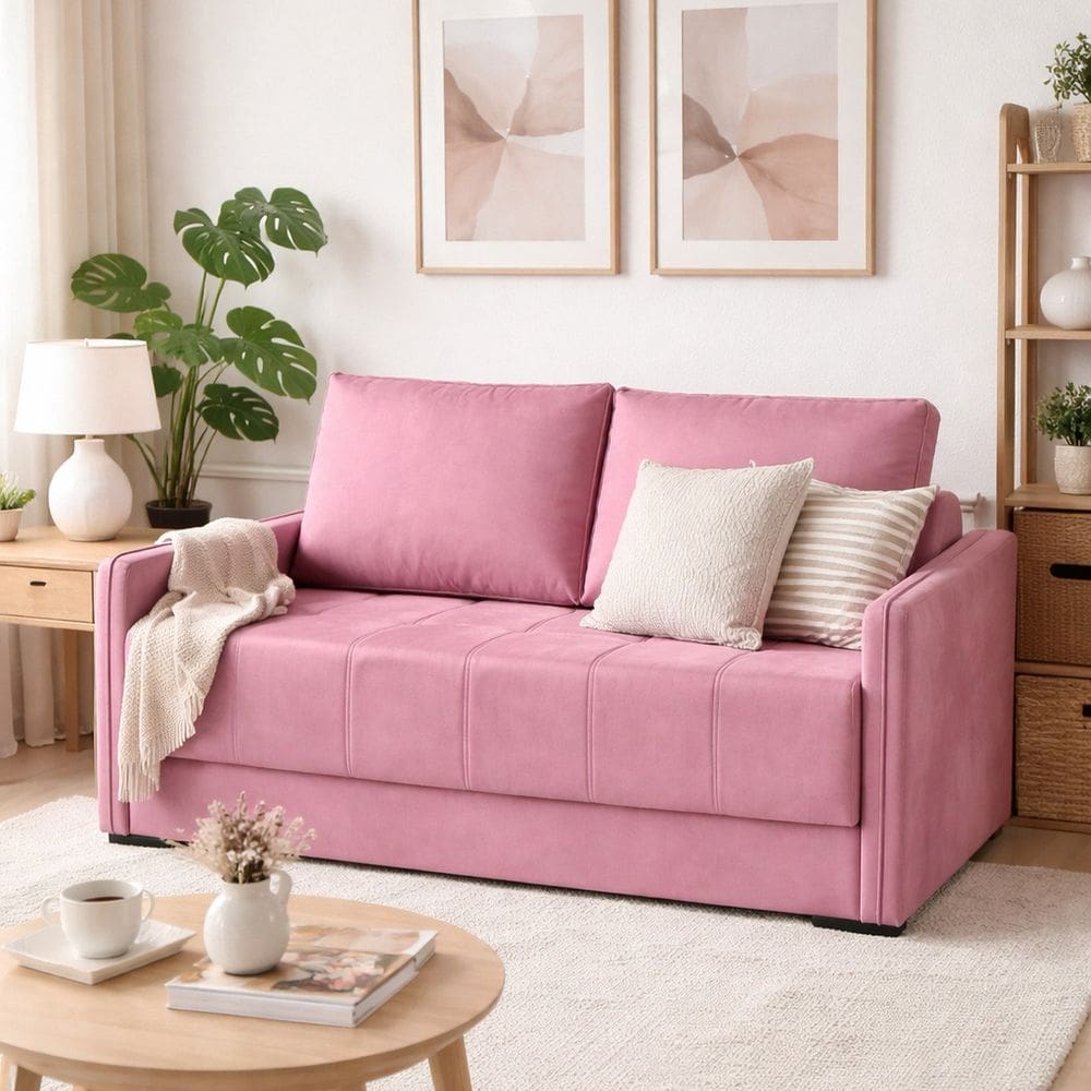 Sofá Cama para Sala de Estar Casal 154cm Veludo Isis Rosa