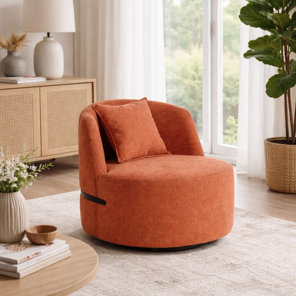 Poltrona Giratória para Sala de Estar Laila Linho Terracota Terracota/Preta