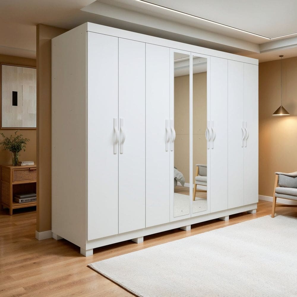 Guarda-roupa Casal 8 Portas 6 Gavetas com Espelho e Pés Mdf Serenata Branco