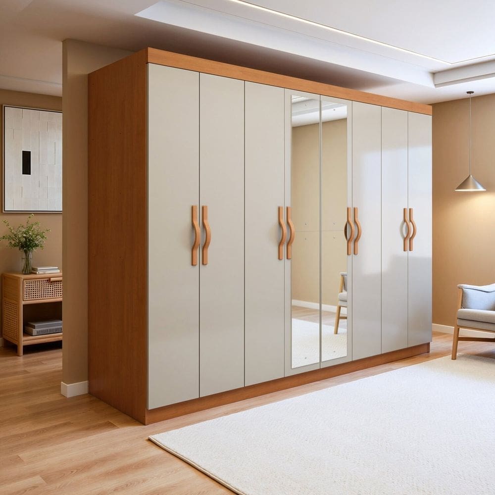 Guarda-roupa Casal 8 Portas 6 Gavetas com Espelho Mdf Serenata Amêndoa Clean/Off White