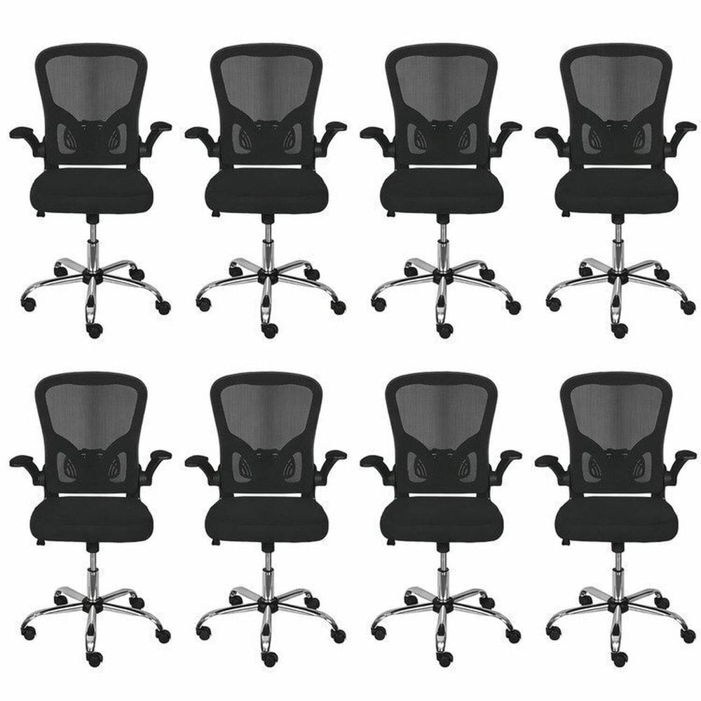 Kit com 8 Cadeiras Escritório Diretor Tela Mesh Braço Regulável Ajuste Lombar Bogotá Preto