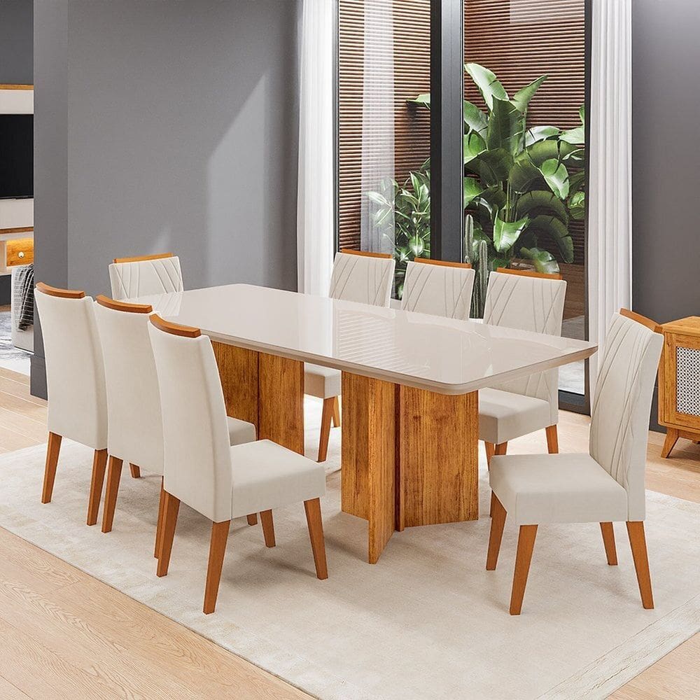 Conjunto Sala de Jantar 8 Lugares Retangular Tampo de Vidro Mdf Chelsea Mel/Off White/Bege