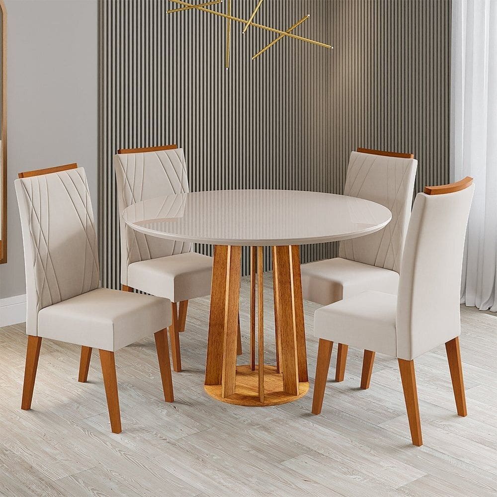 Conjunto Sala de Jantar 4 Lugares Redondo Tampo de Vidro e Mdf Fidelis Mel/Off White/Pastel