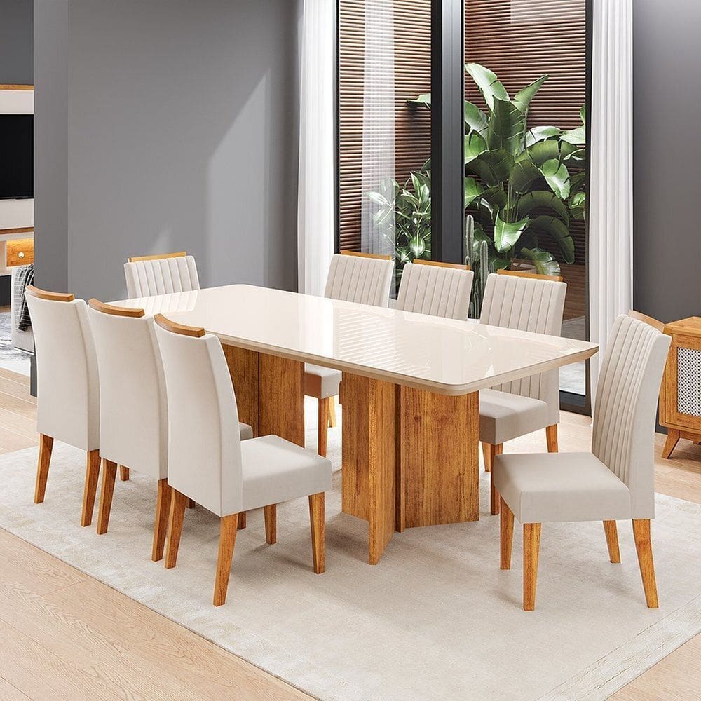 Conjunto Sala de Jantar 8 Lugares Retangular Tampo de Vidro Mdf Holden Mel/Off White/Bege