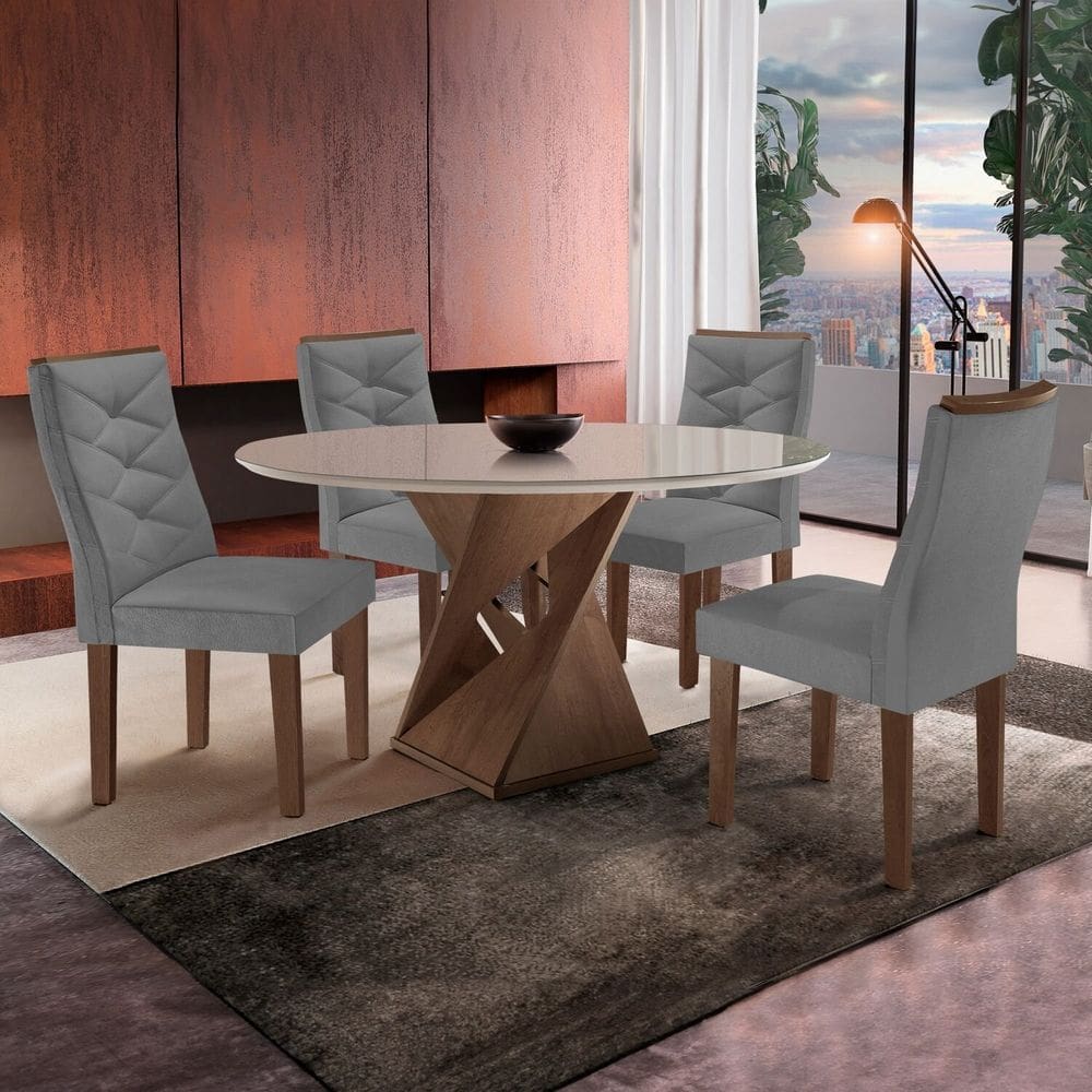 Conjunto Sala de Jantar 4 Lugares Redonda Tampo 100cm Vidro/mdf Mesa e Cadeiras Barcelona Yescasa Chocolate/Cinza