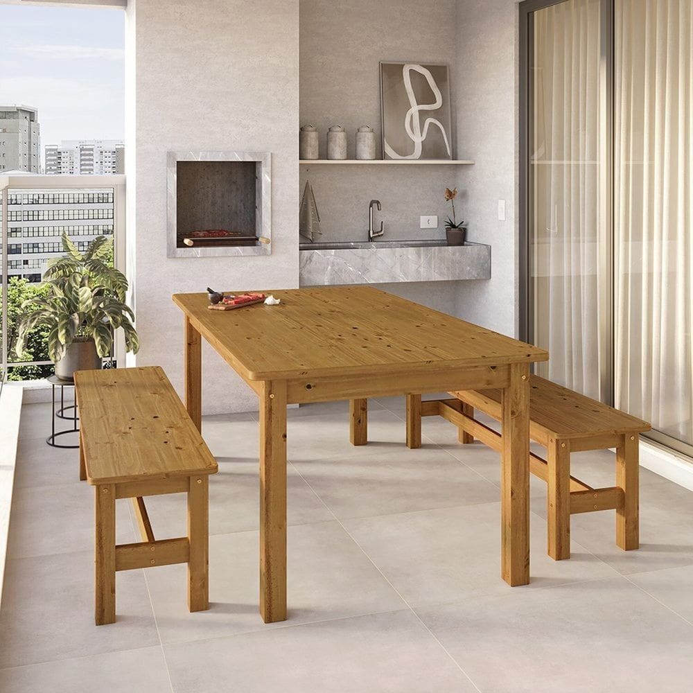 Conjunto Mesa 180cm e 2 Bancos Área Gourmet Madeira Maciça Ventimiglia Nogueira